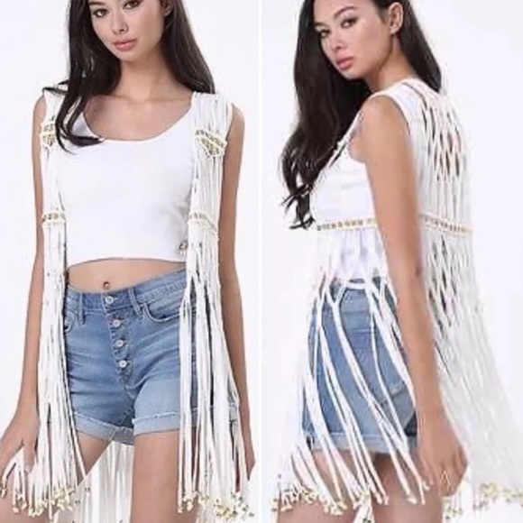 bebe Other - OS Bebe Crochet Fringe Vest Beaded Coverup